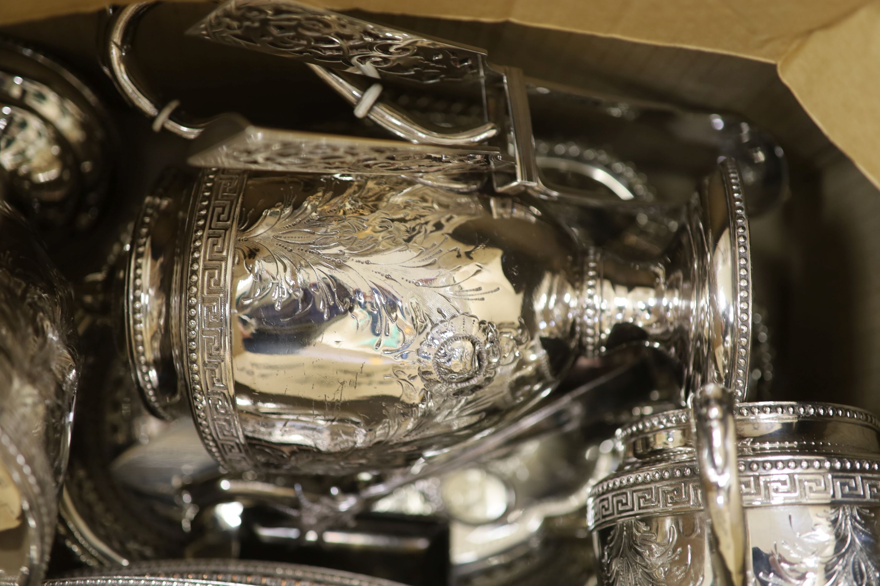 A quantity of assorted plated ware, including tea set, coffee pot etc